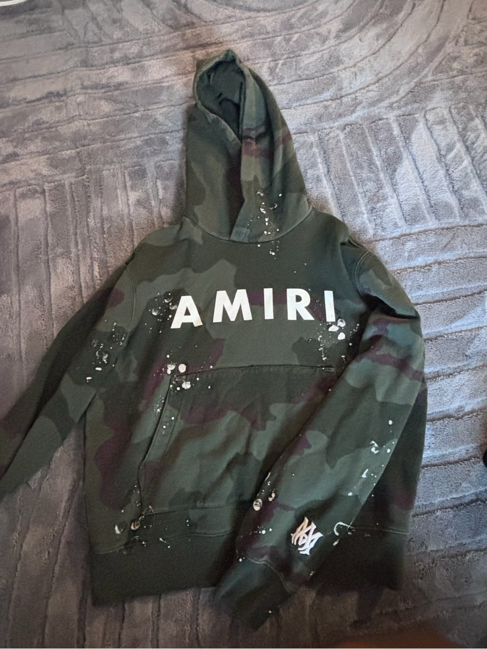 AMIRI Olive Green Camo Logo Hoodie with Paint-Splatter